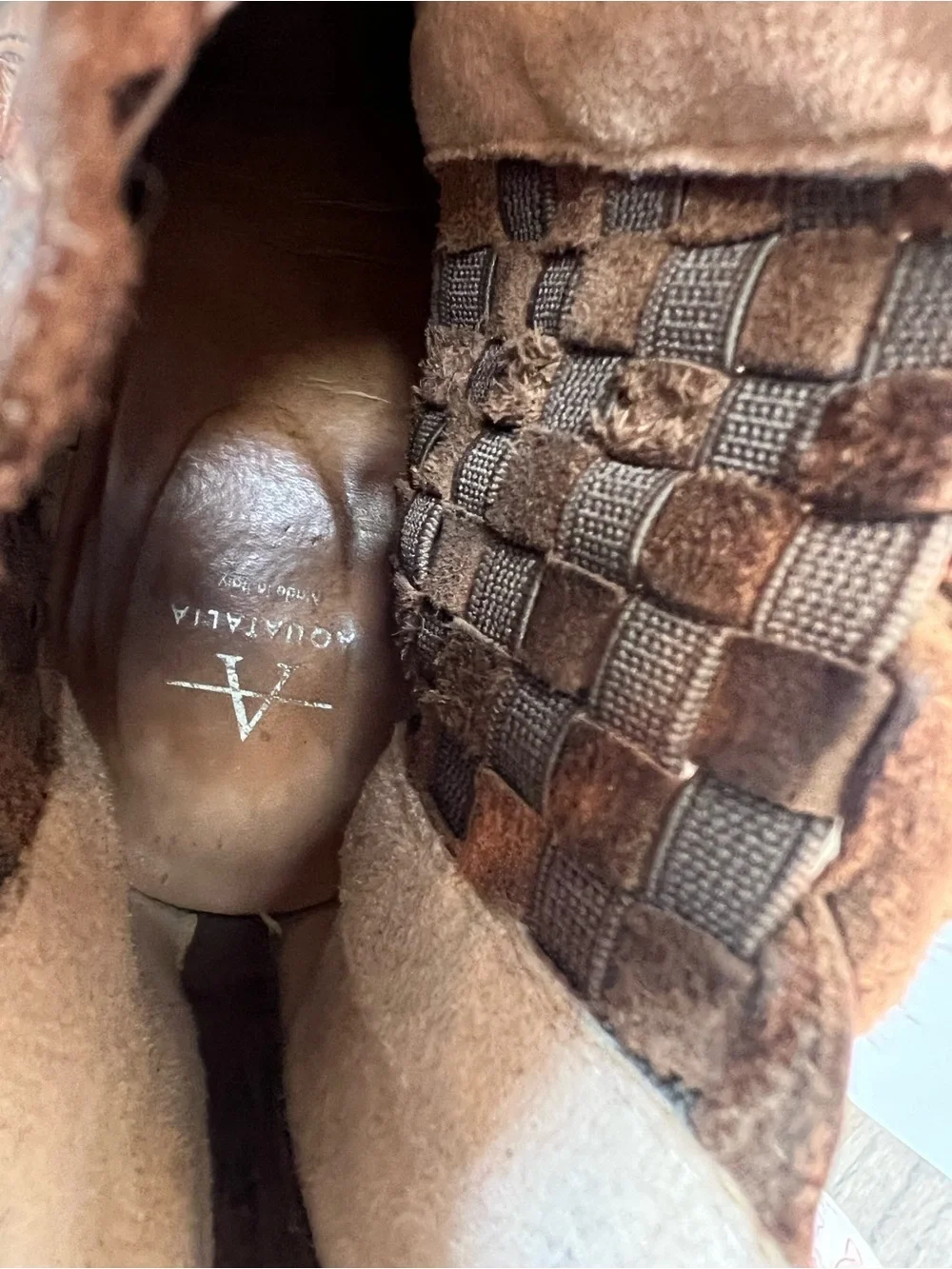 Aquatalia Frannie Boots Women 10 Brown Tan Bootie Chelsea Heel Woven